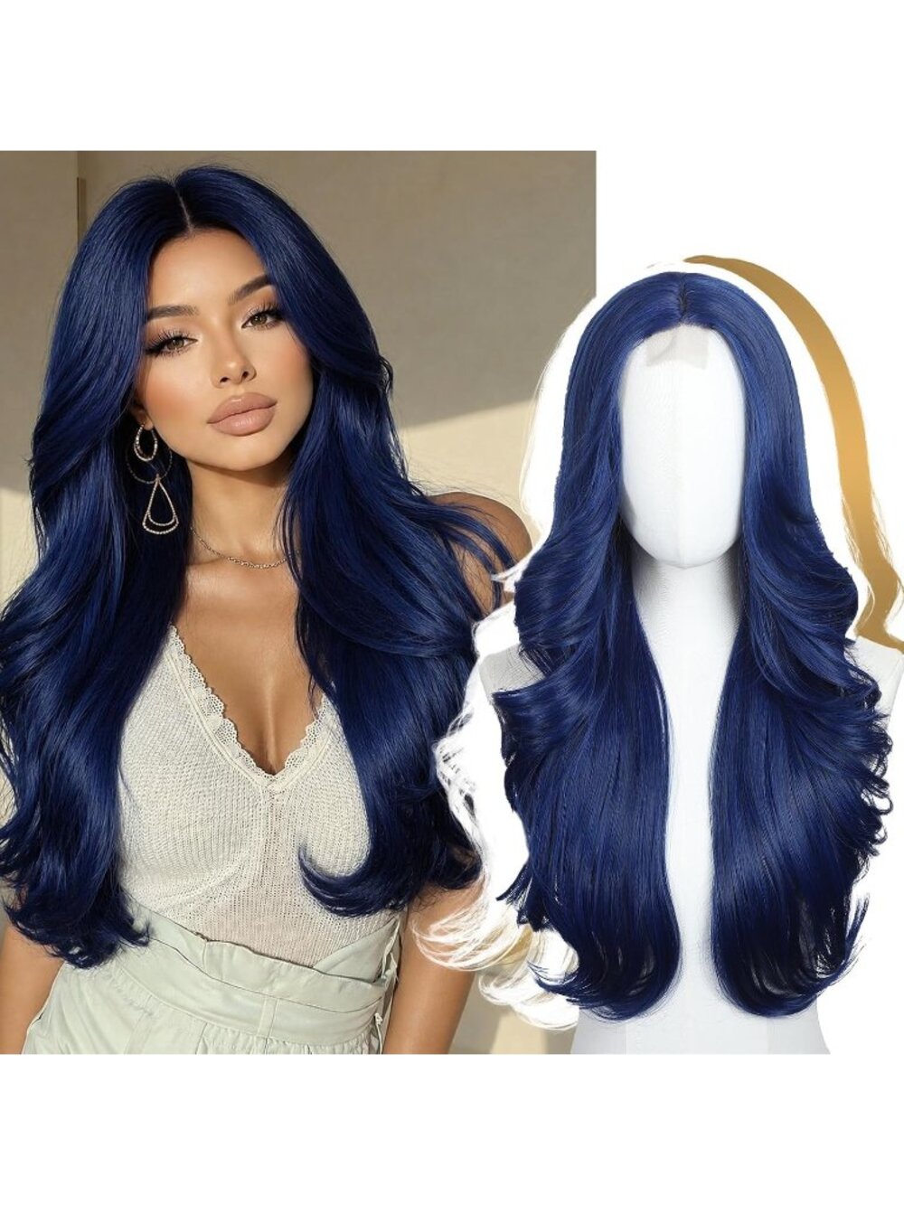 Women's Blue 26 Inch Middle Part Wavy Heat Resistant Synthetic Fiber Wigs